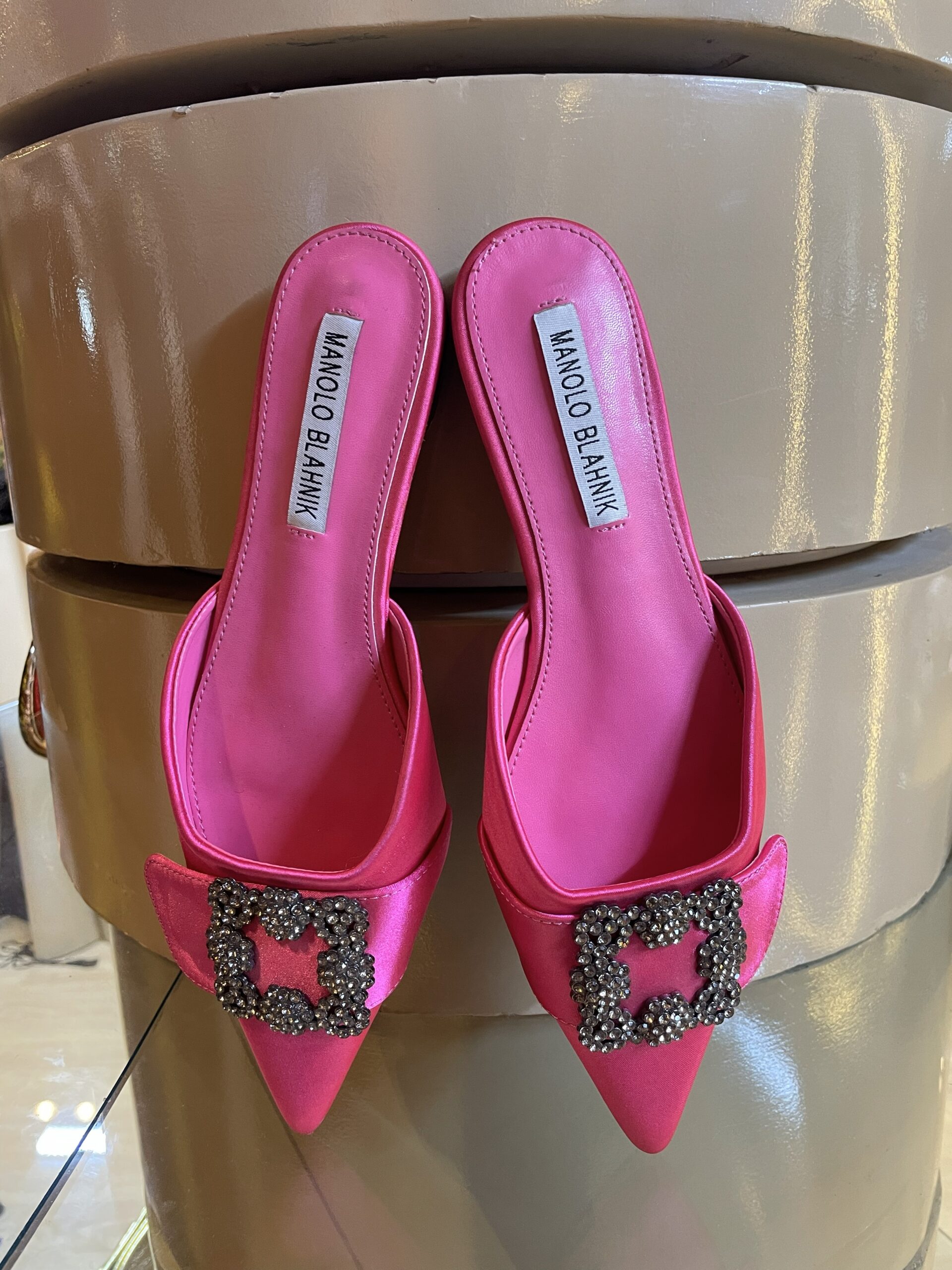 Hot Pink Jeweled Pointed Toe Slides